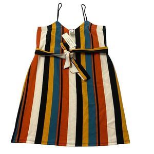 J Mode Multicolor Stripe Sleeveless Dress Large Spaghetti Strap Belted Chic